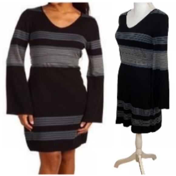 Prana Dresses & Skirts - Prana Sweater Knit Dress Sydney Long Bell Sleeves V-Neck Striped Stripe Size L